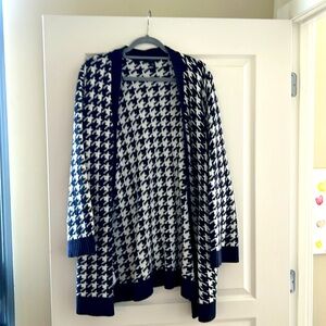Ann Taylor Long Open Front Cardigan Navy/White L Petite